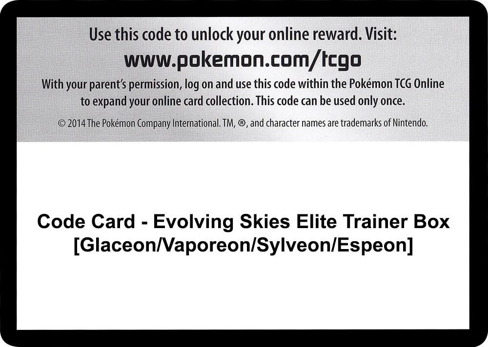 Code Card Evolving Skies Elite Trainer Box Glaceon Vaporeon Sylveon Espeon