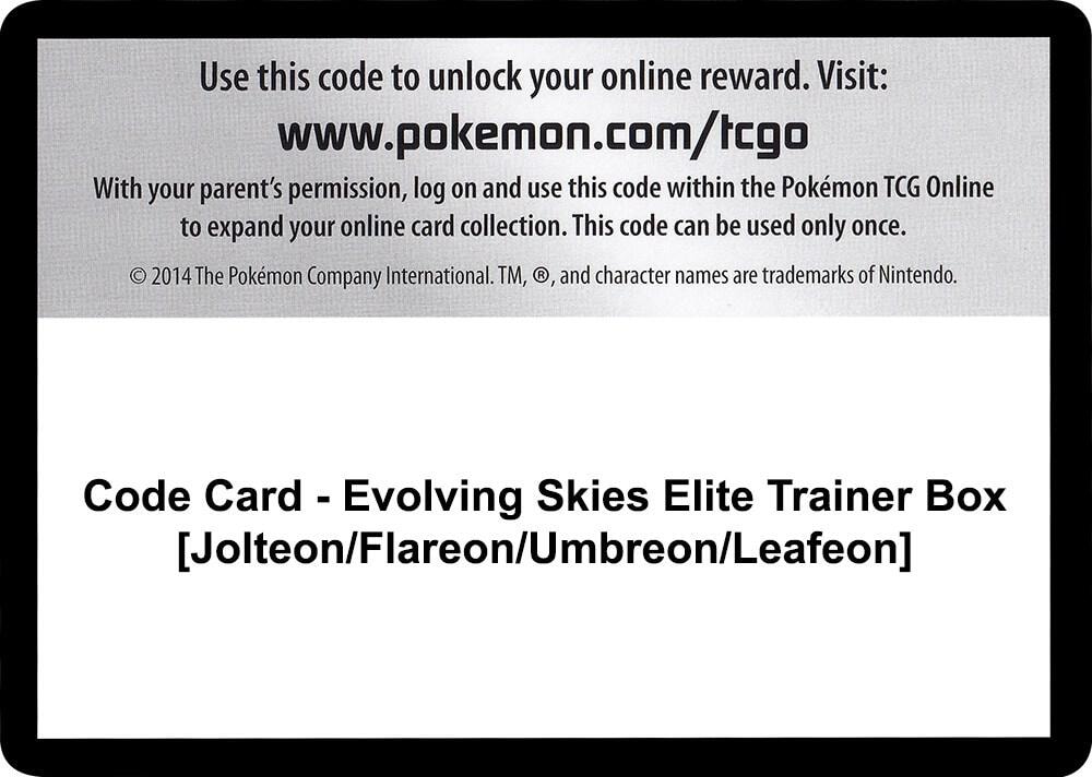 Code Card Evolving Skies Elite Trainer Box Jolteon Flareon Umbreon Leafeon