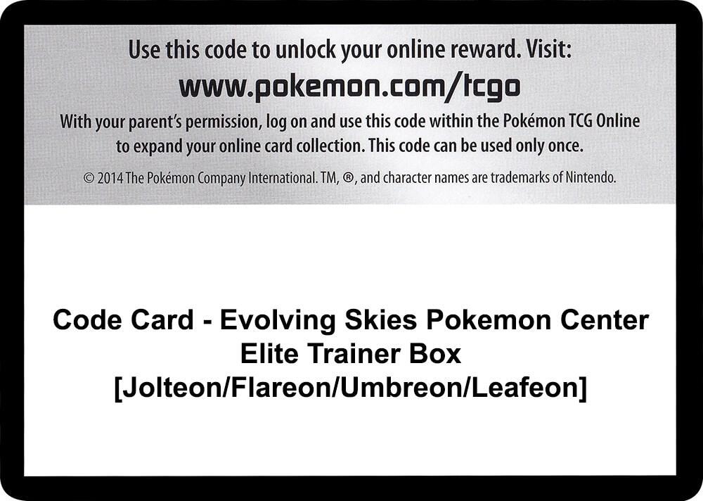 Code Card Evolving Skies Pokemon Center Elite Trainer Box Jolteon Flareon Umbreon Leafeon