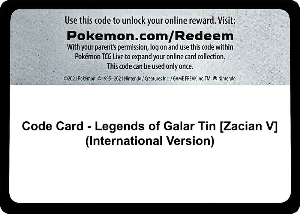 Code Card Legends of Galar Tin Zacian V International Version