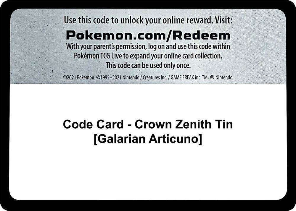 Code Card Crown Zenith Tin Galarian Articuno
