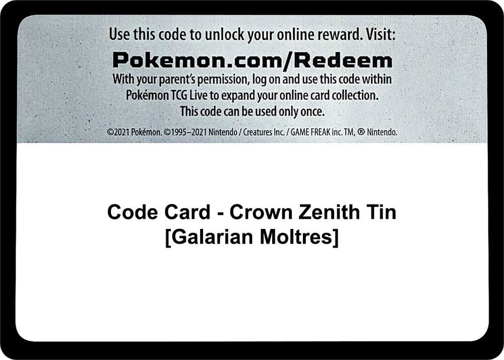 Code Card Crown Zenith Tin Galarian Moltres