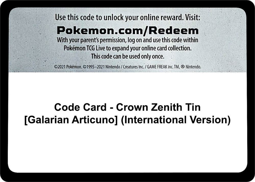 Code Card Crown Zenith Tin Galarian Articuno International Version