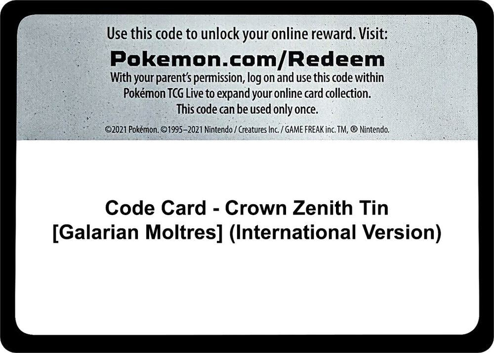 Code Card Crown Zenith Tin Galarian Moltres International Version