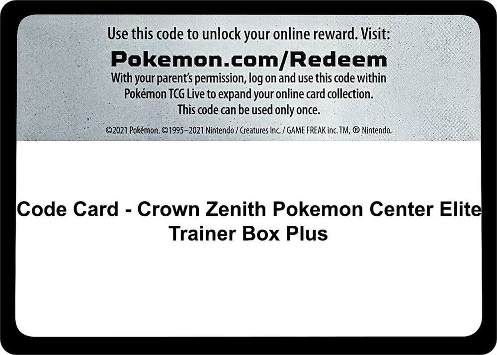 Code Card Crown Zenith Pokemon Center Elite Trainer Box Plus