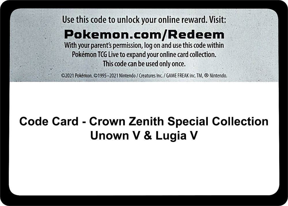 Code Card Crown Zenith Special Collection Unown V and Lugia V